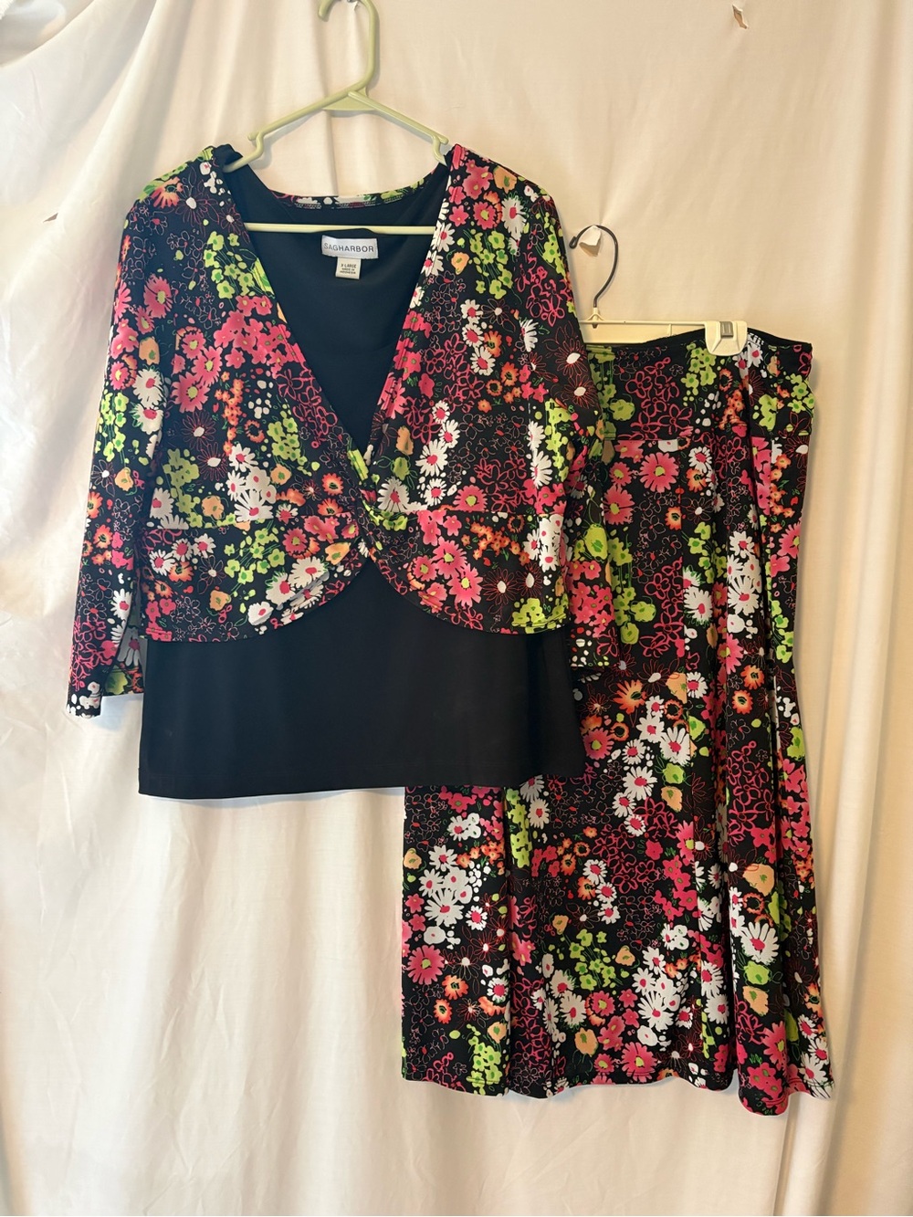 Sag Harbor Black Floral Blouse and Skirt Set with Pink & Green Accents